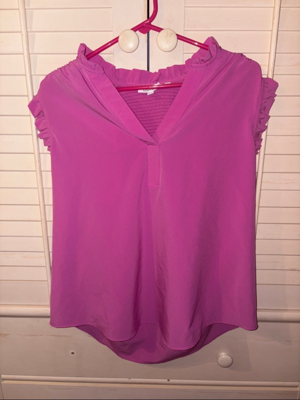 Chico's Pink V-Neck Ruffle Cap-Sleeve Blouse